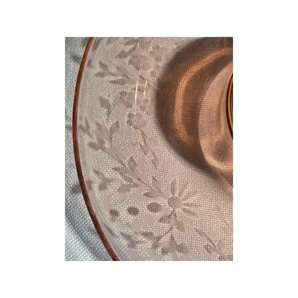 Vintage Pink Depression Glass Centerpiece Bowl Etched Floral Rolled Rim 12 in